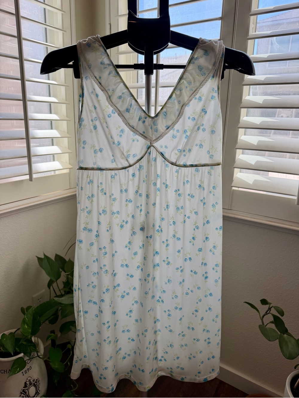 Vintage Y2K Pastel Blue Floral Nightgown Lace Trim Babydoll Chamise M Coquette